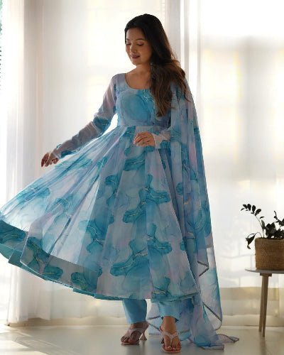 Frosted Misty Blue Printed Anarkali Suit Set - BONYHUBSALWAR KAMEEZ