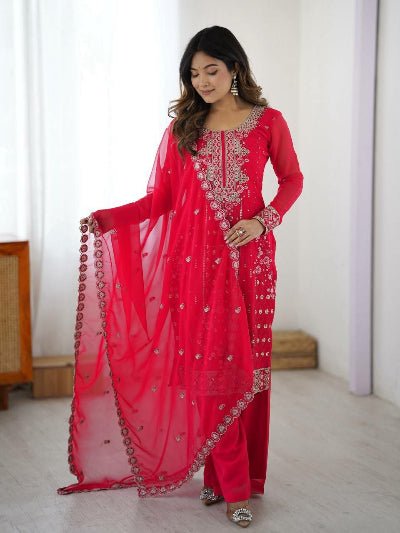 Fuchsia Pink Georgette Palazzo Suit with Embroidered Dupatta - BONYHUBSALWAR KAMEEZ
