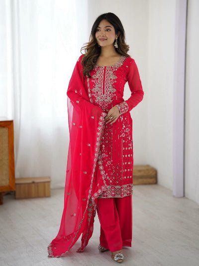 Fuchsia Pink Georgette Palazzo Suit with Embroidered Dupatta - BONYHUBSALWAR KAMEEZ