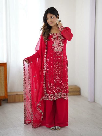 Fuchsia Pink Georgette Palazzo Suit with Embroidered Dupatta - BONYHUBSALWAR KAMEEZ