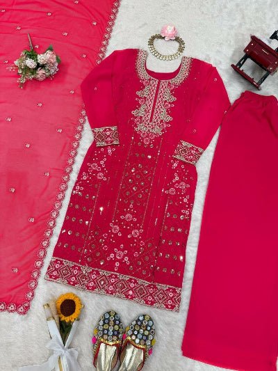 Fuchsia Pink Georgette Palazzo Suit with Embroidered Dupatta - BONYHUBSALWAR KAMEEZ