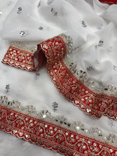 Georgette White Red Indian Wedding Sari with Unstitched Blouse