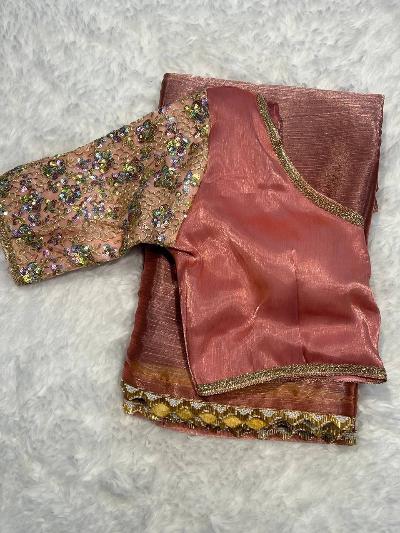 Glass Tissue Silk Saree With Readymade Stitched Blouse - BONYHUBSAREE