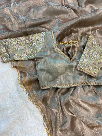 Glass Tissue Silk Saree With Readymade Stitched Blouse - BONYHUBSAREE