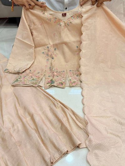 Gold Beige Shimmer Silk Designer Embroidered Kurti Palazzo Dupatta Set - BONYHUBSALWAR KAMEEZ