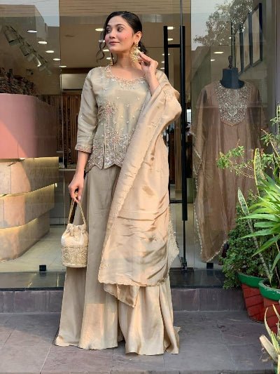 Gold Beige Shimmer Silk Designer Embroidered Kurti Palazzo Dupatta Set - BONYHUBSALWAR KAMEEZ