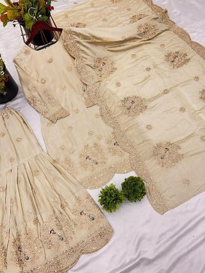 Gold Chinon Silk Wedding Sharara Suit Set - BONYHUBSALWAR KAMEEZ