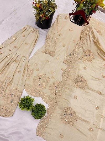 Gold Chinon Silk Wedding Sharara Suit Set - BONYHUBSALWAR KAMEEZ
