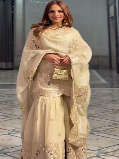 Gold Chinon Silk Wedding Sharara Suit Set - BONYHUBSALWAR KAMEEZ