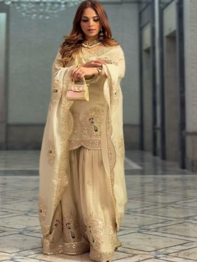 Gold Chinon Silk Wedding Sharara Suit Set - BONYHUBSALWAR KAMEEZ