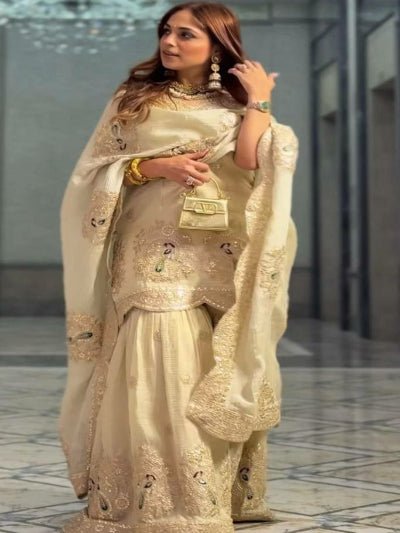 Gold Chinon Silk Wedding Sharara Suit Set - BONYHUBSALWAR KAMEEZ