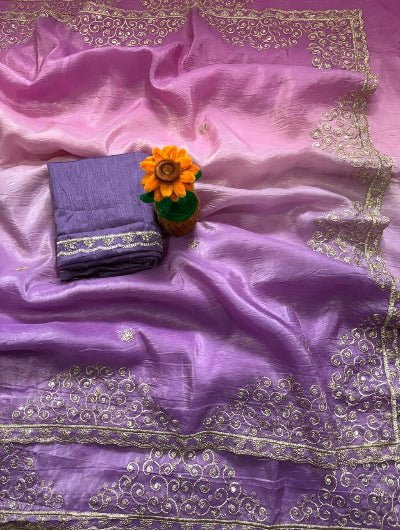 Gold Crush Saree Sequins & Zari Work with Unstitched Blouse - BONYHUBSAREE