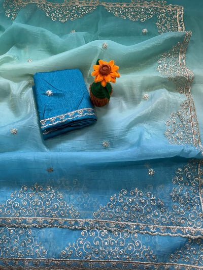 Gold Crush Saree Sequins &amp; Zari Work with Unstitched Blouse - BONYHUBSAREE