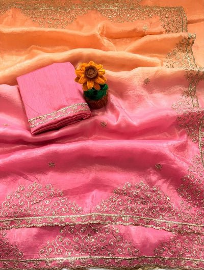 Gold Crush Saree Sequins &amp; Zari Work with Unstitched Blouse - BONYHUBSAREE