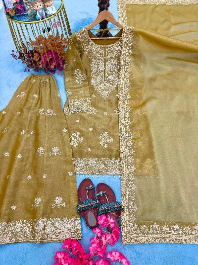 Gold Embroidered Silk Wedding Sharara Palazzo Suit Set for Women UK - BONYHUBSALWAR KAMEEZ