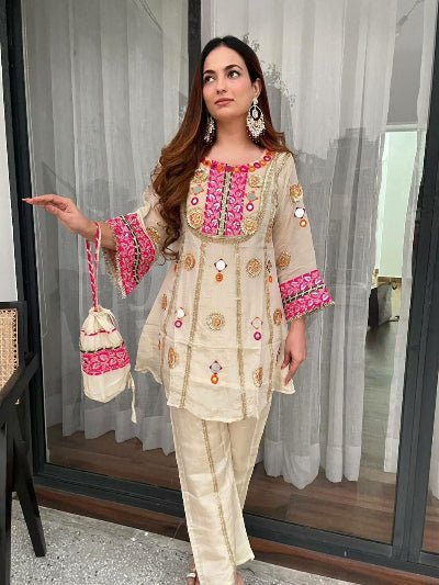 Gold Ivory Mirror Embroidery Work Kurti Pant Set - BONYHUBSALWAR KAMEEZ