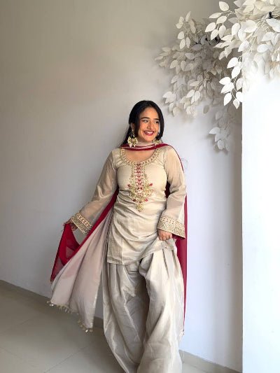 Gold Ivory Organza Embroidered Farshi Salwar Suit - BONYHUBSALWAR KAMEEZ