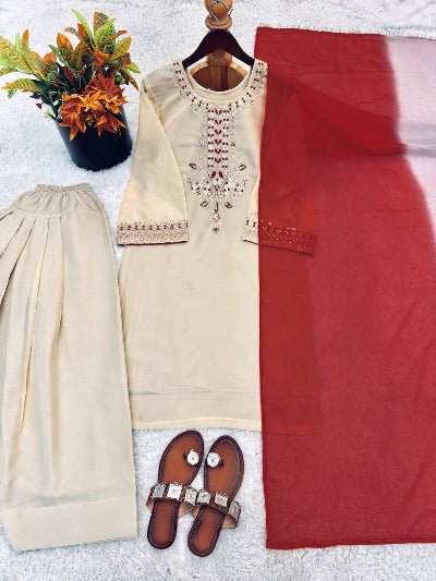 Gold Ivory Organza Embroidered Farshi Salwar Suit - BONYHUBSALWAR KAMEEZ