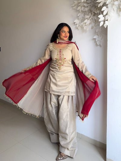 Gold Ivory Organza Embroidered Farshi Salwar Suit - BONYHUBSALWAR KAMEEZ