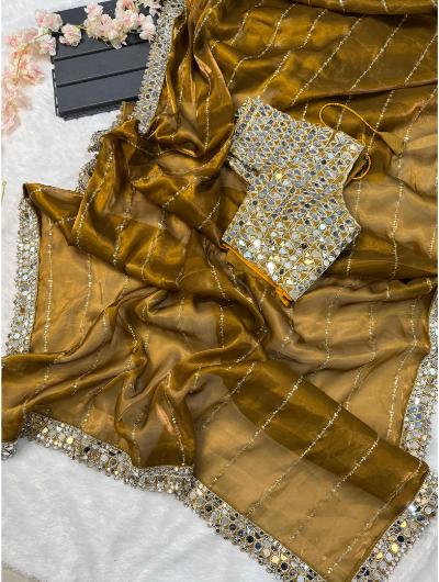Gold Mirror saree with readymade blouse free UK Next Day - BONYHUBSAREE
