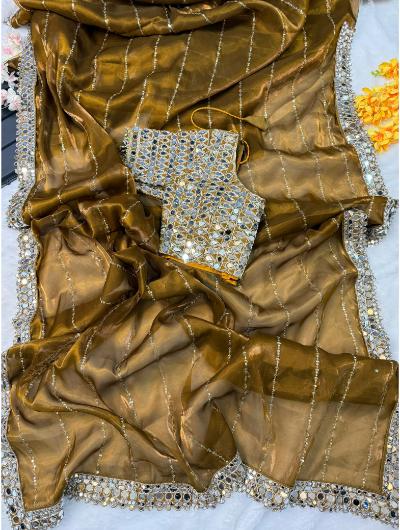 Gold Mirror saree with readymade blouse free UK Next Day - BONYHUBSAREE