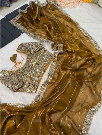 Gold Mirror saree with readymade blouse free UK Next Day - BONYHUBSAREE