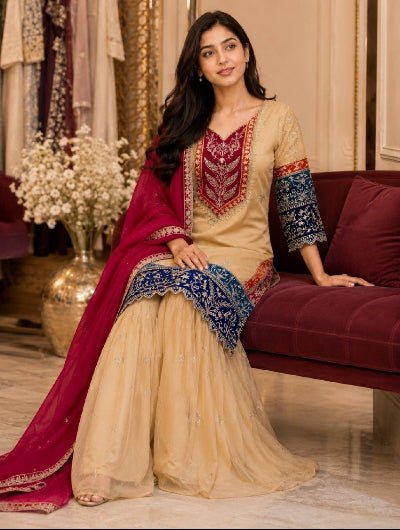 Gold &amp; Pink Silk Embroidery Festive Sharara Suit Set - BONYHUBSALWAR KAMEEZ