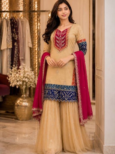 Gold &amp; Pink Silk Embroidery Festive Sharara Suit Set - BONYHUBSALWAR KAMEEZ