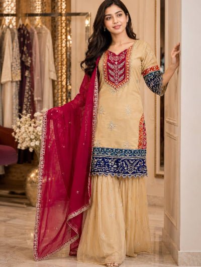 Gold &amp; Pink Silk Embroidery Festive Sharara Suit Set - BONYHUBSALWAR KAMEEZ