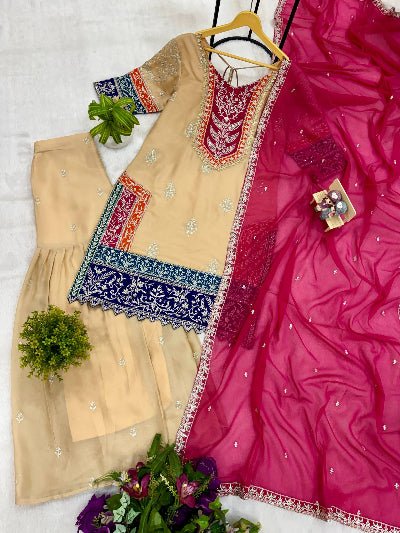 Gold &amp; Pink Silk Embroidery Festive Sharara Suit Set - BONYHUBSALWAR KAMEEZ