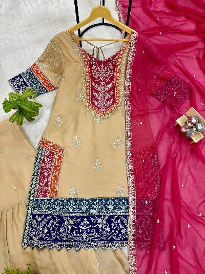 Gold &amp; Pink Silk Embroidery Festive Sharara Suit Set - BONYHUBSALWAR KAMEEZ