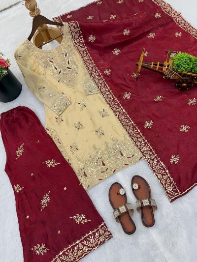 Gold &amp; Red Festive Embroidery Straight Suit - BONYHUBSALWAR KAMEEZ
