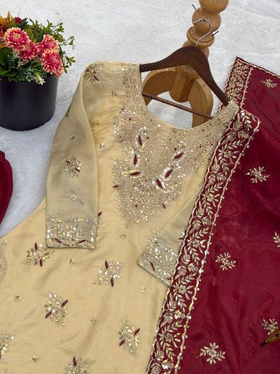 Gold &amp; Red Festive Embroidery Straight Suit - BONYHUBSALWAR KAMEEZ