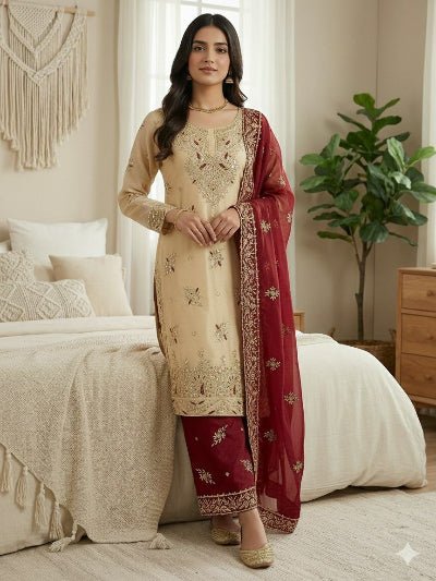 Gold &amp; Red Festive Embroidery Straight Suit - BONYHUBSALWAR KAMEEZ