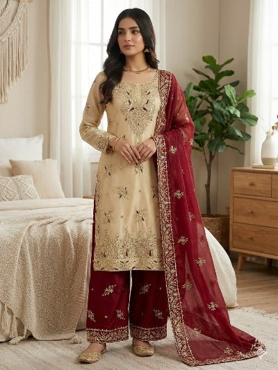 Gold &amp; Red Festive Embroidery Straight Suit - BONYHUBSALWAR KAMEEZ