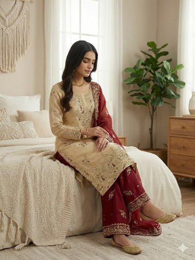 Gold &amp; Red Festive Embroidery Straight Suit - BONYHUBSALWAR KAMEEZ