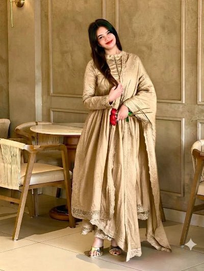 Gold Roman Silk Embroidery Modest Anarkali Suit - BONYHUBSALWAR KAMEEZ
