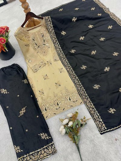 Gold Tissue Silk Embroidery Sequins Work Palazzo Suit - BONYHUBSALWAR KAMEEZ