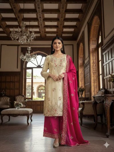 Gold Tissue Silk Embroidery Sequins Work Palazzo Suit - BONYHUBSALWAR KAMEEZ