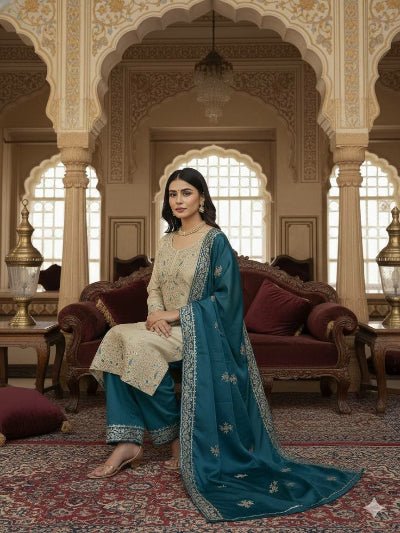 Gold Tissue Silk Embroidery Sequins Work Palazzo Suit - BONYHUBSALWAR KAMEEZ
