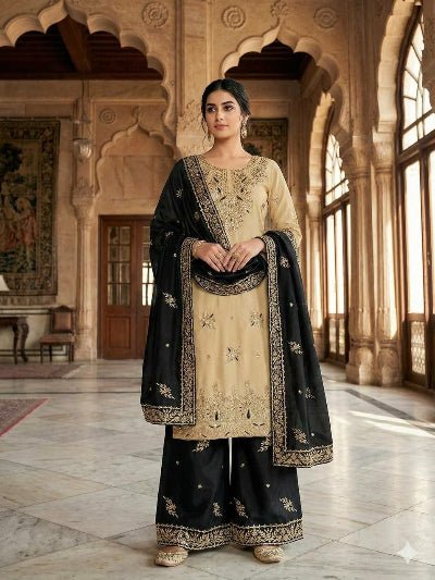 Gold Tissue Silk Embroidery Sequins Work Palazzo Suit - BONYHUBSALWAR KAMEEZ