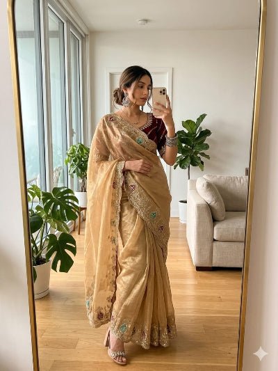 Gold Tissue Silk Ready to Wear Saree with Maroon Stitched Embroidered Blouse - BONYHUBSAREE