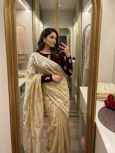 Gold Tissue Silk Saree with Unstitched Blouse - BONYHUBSAREE