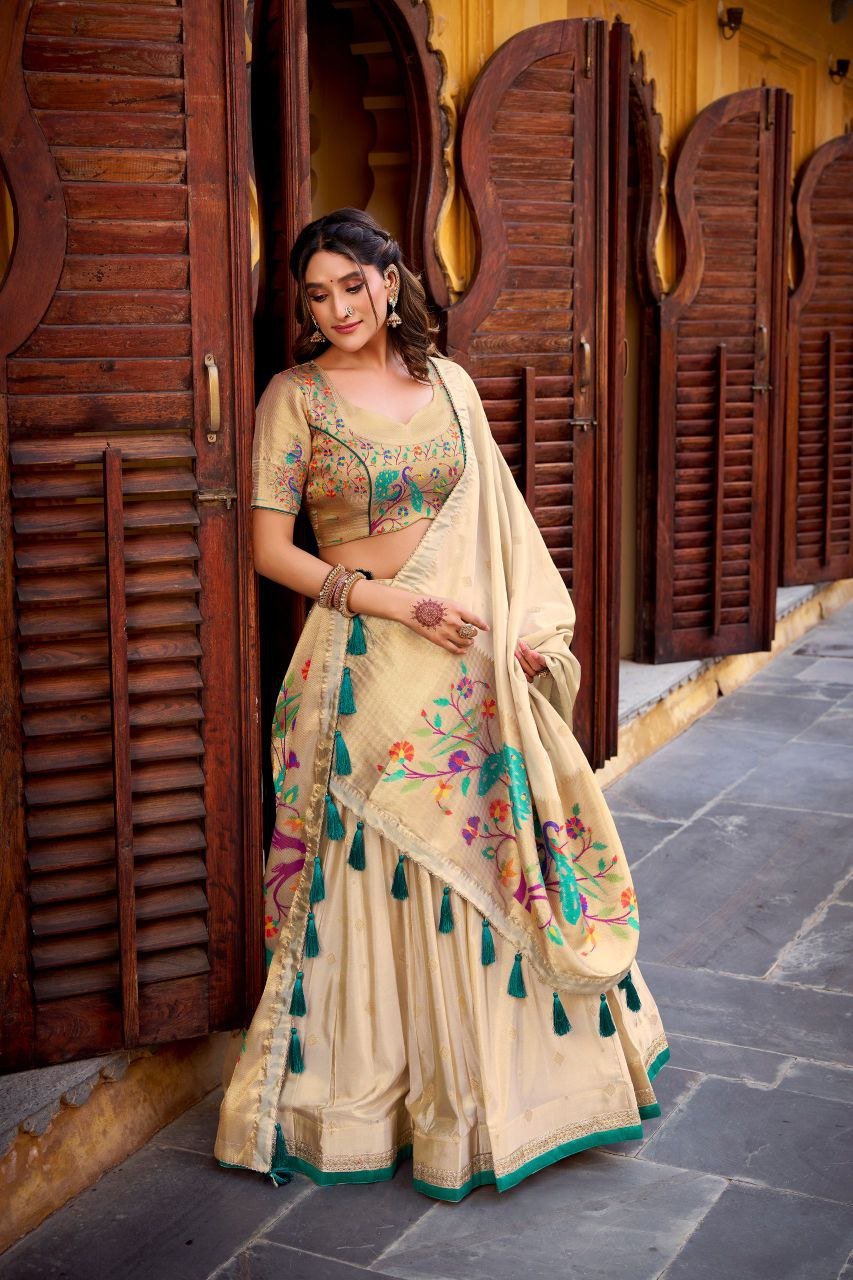 Gold Zari Paithani Jacquard Silk Lehenga Choli Set - BONYHUBSALWAR KAMEEZ