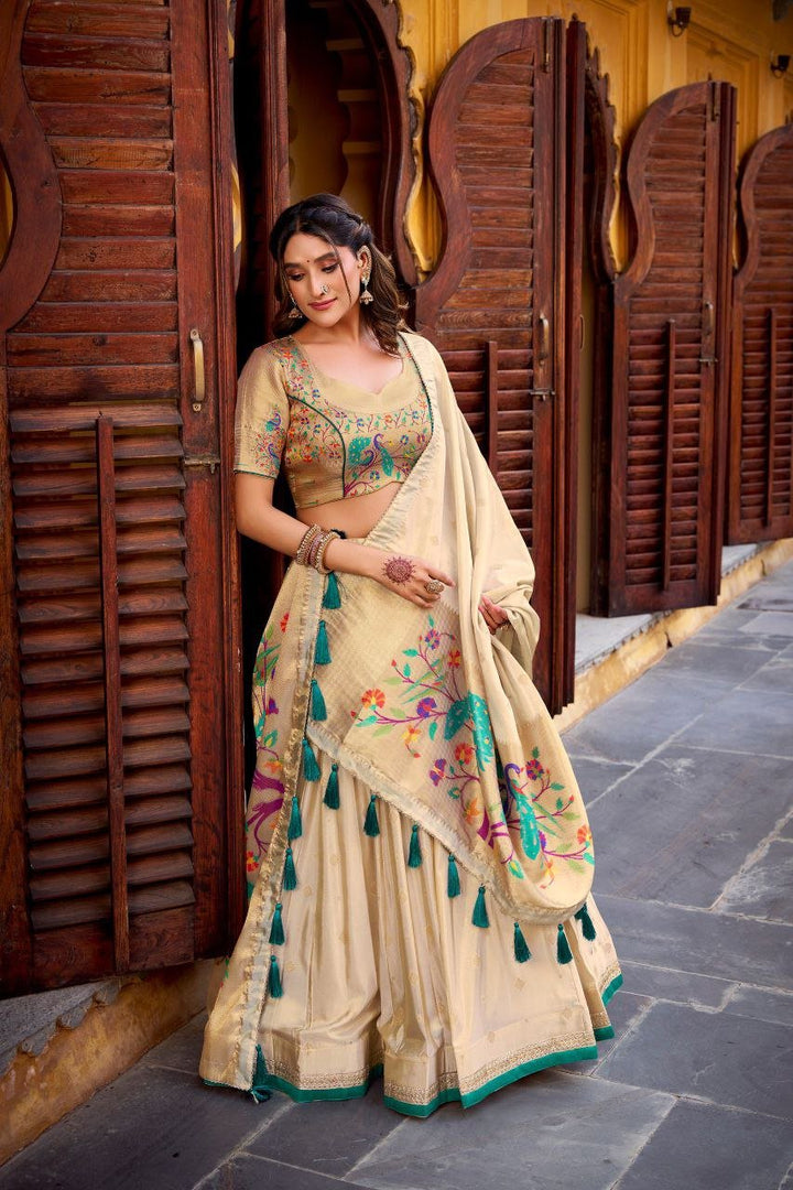 Gold Zari Paithani Jacquard Silk Lehenga Choli Set - BONYHUBSALWAR KAMEEZ