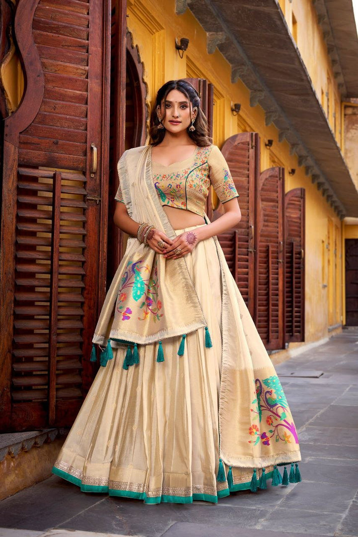 Gold Zari Paithani Jacquard Silk Lehenga Choli Set - BONYHUBSALWAR KAMEEZ