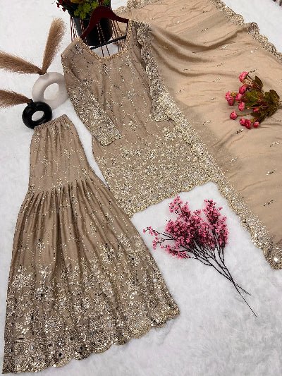 Golden Beige Embroidery Mirror Work Gharara Suit - BONYHUBSALWAR KAMEEZ
