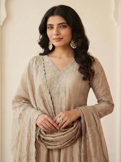 Golden Beige Silk Modest Anarkali Suit UK Next Day - BONYHUBSALWAR KAMEEZ