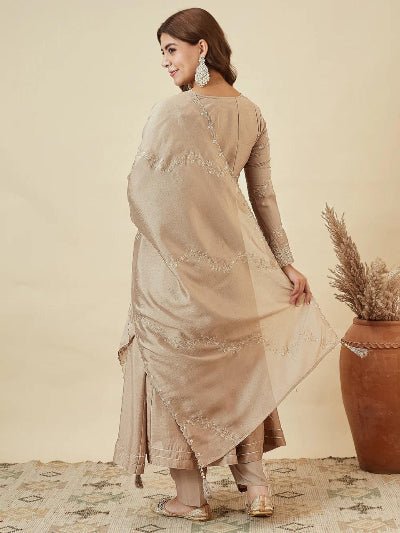 Golden Beige Silk Modest Anarkali Suit UK Next Day - BONYHUBSALWAR KAMEEZ