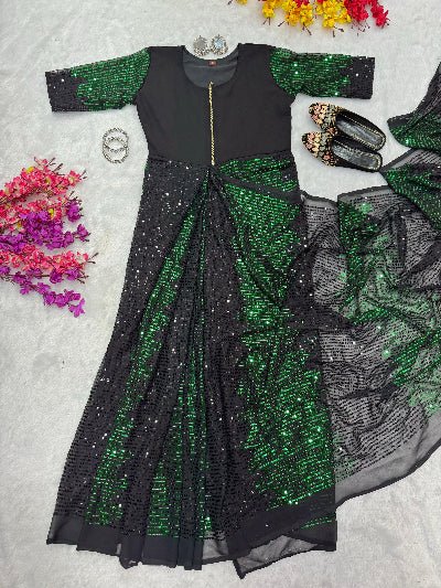 Green & Black Sequins Zip & Go 10 Second Saree Gown - BONYHUBSAREE